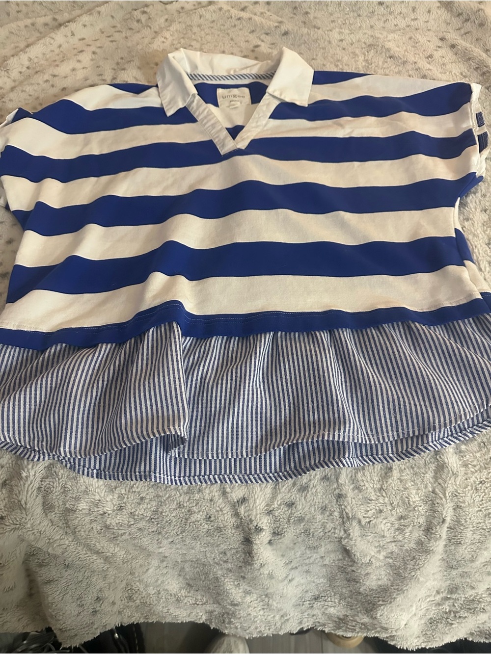 Umgee Blue and White Striped Polo Top with Ruffled Hem